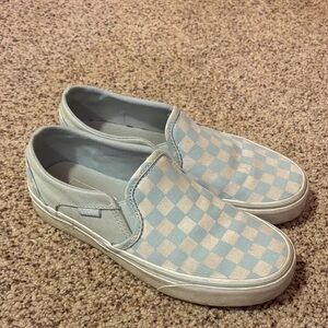Women’s Slip-On Checkerboard Canvas Sneakers in Light Blue and Cream